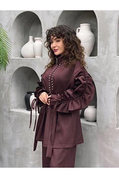 Cardella Stone-Embellished Premium Scuba Fabric Pants with Flared Sleeves Detailed Two-Piece Set