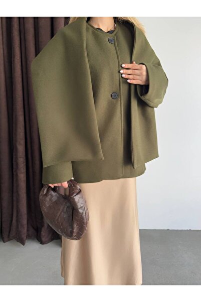 Narstorm Women's Khaki Shawl Collar Detailed Premium Cashmere Coat