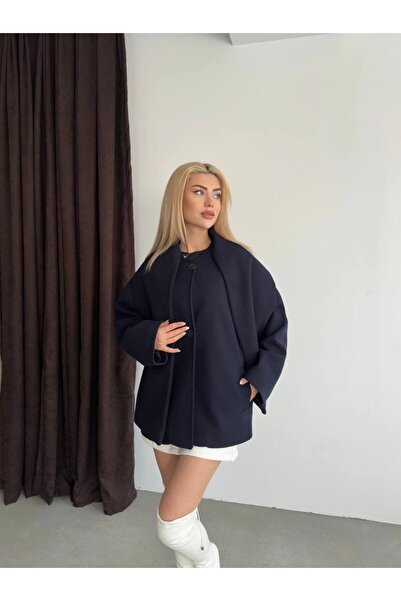 Narstorm Women's Dark Blue Shawl Collar Detailed Premium Cashmere Coat