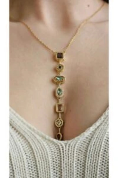 staınless steel 7 Element Colorful Multi-Stone Y Model Steel Necklace (Gold)