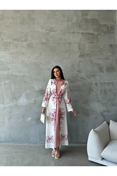 WellWay Atlas Fabric Floral Patterned Crew Neck Pink Dress with Patch Detail ...