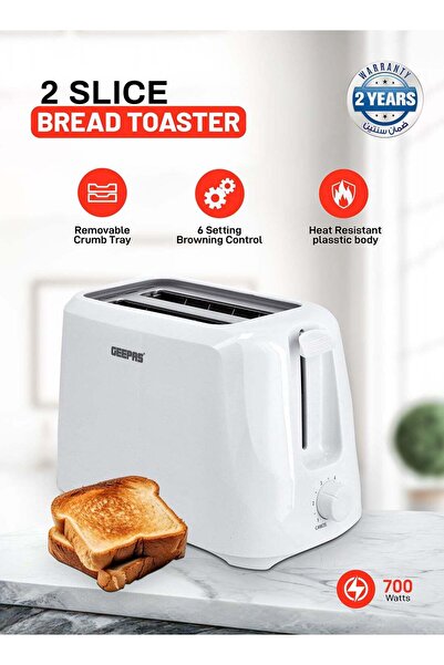 Geepas 2 Slice Bread Toaster - Removable Crumb Tray | One Touch Cancel | 6 Browning Settings 700 W G