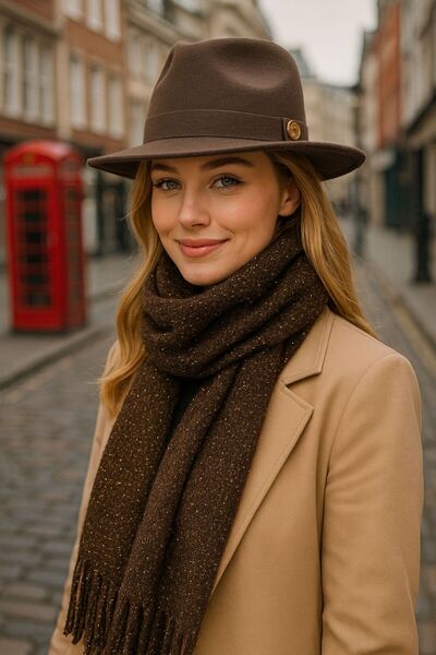 BALIENTE مجموعة من قطعتين من وشاح بوكلت بني اللون مع شراشيب لامعة وقبعة فوترو من الفيلك