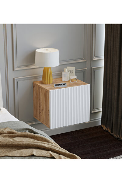 subahome %100 Mdf 40 cm Duvara Monte Ahşap Dokulu Şık Beyaz Kapaklı Komodin M...