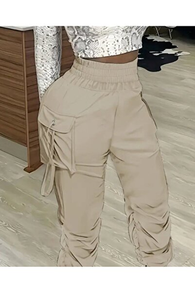buğrahayalin Women's High Waist Elastic Waist Cargo Pocket Detailed Gabardine Trousers