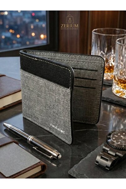 ZERİUM Fabric Men's Card Holder Wallet - Gray Textured Minimal Design (Grey Texture)