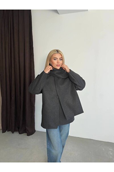 Narstorm Women's Gray Shawl Collar Detailed Premium Cashmere Coat