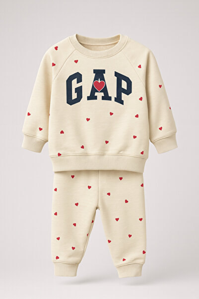 NOBLEKIDS Kalp Printed Cream Girl's Set – Sweatshirt & Jogger Bottom, Ages 2–8