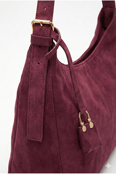 KISCHE Women's Shoulder Bag Suede Burgundy Casual Lined Zippered Adjustable Charmlı Women's Bag Lisa