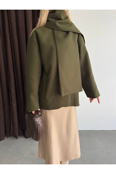 Narstorm Women's Khaki Shawl Collar Detailed Premium Cashmere Coat