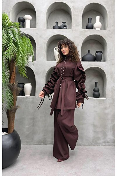 Cardella Stone-Embellished Premium Scuba Fabric Pants with Flared Sleeves Detailed Two-Piece Set