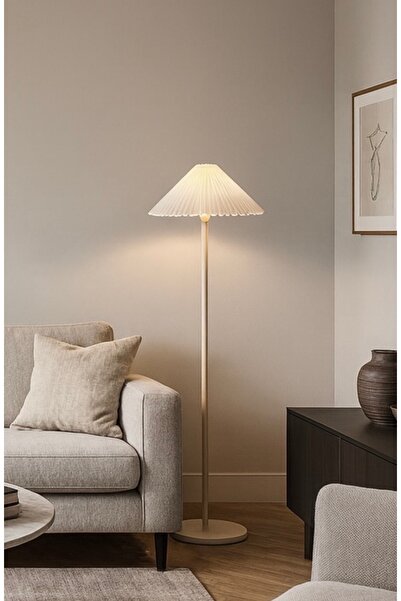 burenze Umbrella Pileli Lambader Krem Gövde Krem Abajur 1.55cm Yükseklik