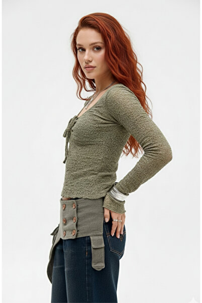 MAXLEVEL MODA Khaki Color Breast Part Lined Transparent Lace Blouse