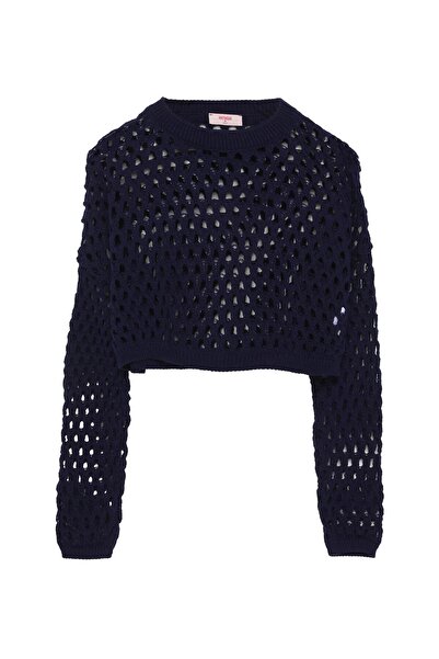 Quzu Örgü Detaylı Crop Triko Lacivert