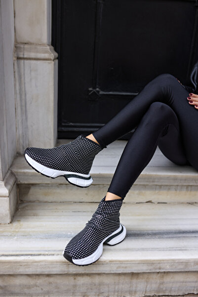 ANGELİNA JONES Dejaa Women's Black and White Leather Sports Boots