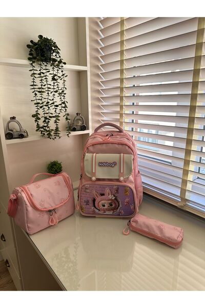 QİELL حقيبة مدرسية فائقة الجودة من ثلاث قطع مع نموذج شخصية لابوبو ودعم حراري ...