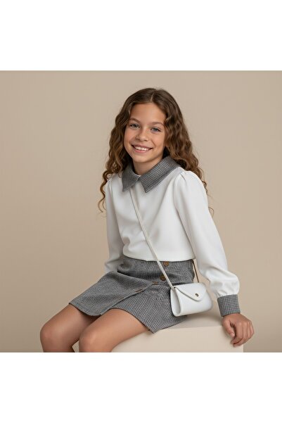 FESSHERA KİDS Girls' Suit Collared Long Sleeve Shirt and Button Detailed Textured Shorts Skirt Two-Piece Set