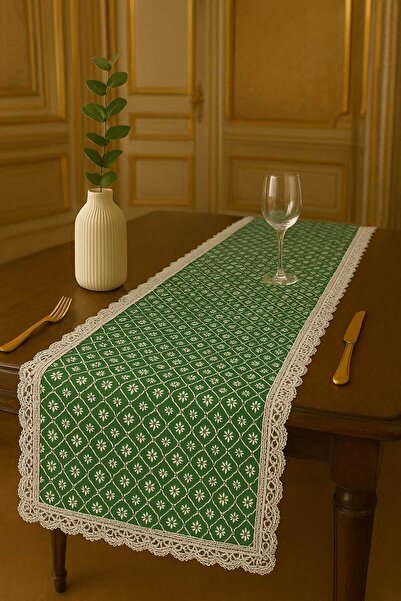 Rona Home Green Lace Edged Table Runner – Luxurious Patterned Living Room and Kitchen Tablecloth