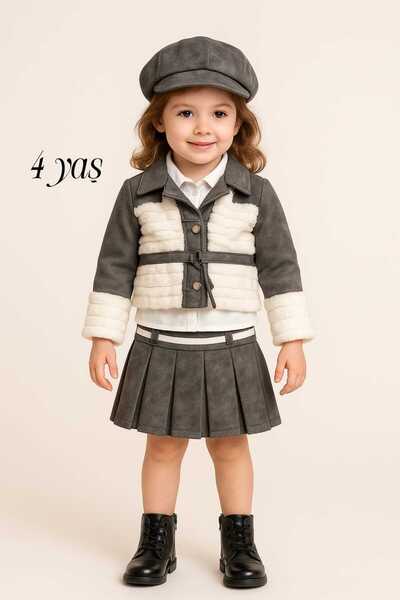 KATIA Girl's Stylish Winter Set |   Plush Detailed Jacket & Skirt Combination |   Trend New Season”
