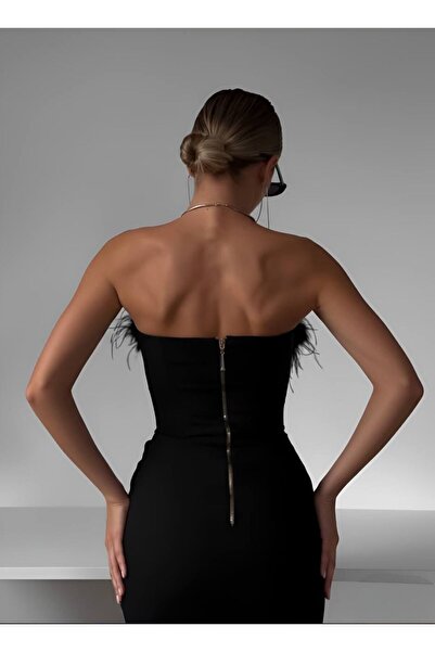 sajarsln Φόρεμα ελαστικό ύφασμα Scuba Crep με λεπτομέρεια από φτερά στο πίσω μέρος με κοκάλινο σιδερένιο φερμουάρ