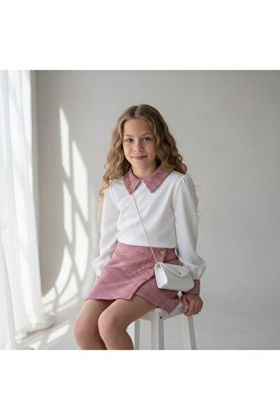 FESSHERA KİDS Girls' Suit Collared Long Sleeve Shirt and Button Detailed Textured Shorts Skirt Two-Piece Set
