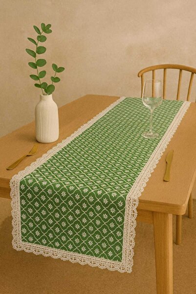 Rona Home Green Lace Edged Table Runner – Luxurious Patterned Living Room and Kitchen Tablecloth