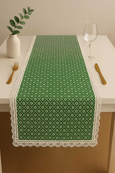 Rona Home Green Lace Edged Table Runner – Luxurious Patterned Living Room and Kitchen Tablecloth