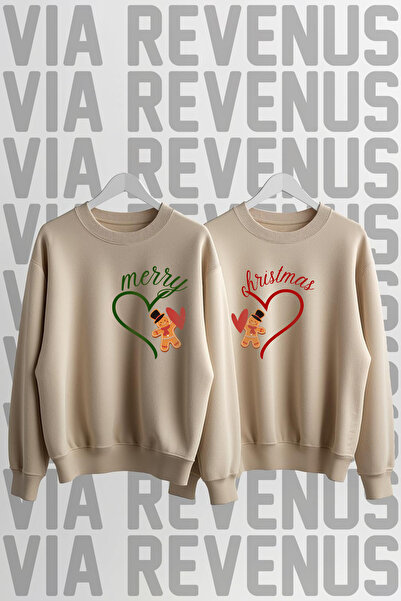Vordevia Cookie New Year Christmas Printed Crew Neck 3 Thread Ş Fleece-Lined Lover Combination Sweatshirt