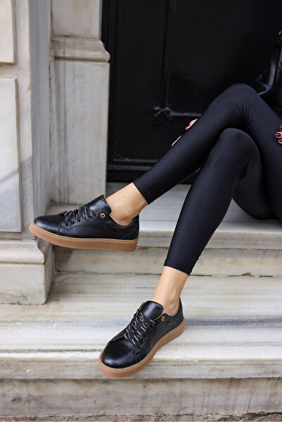 ANGELİNA JONES Raspa Women's Black Genuine Leather Lace-Up Sneakers