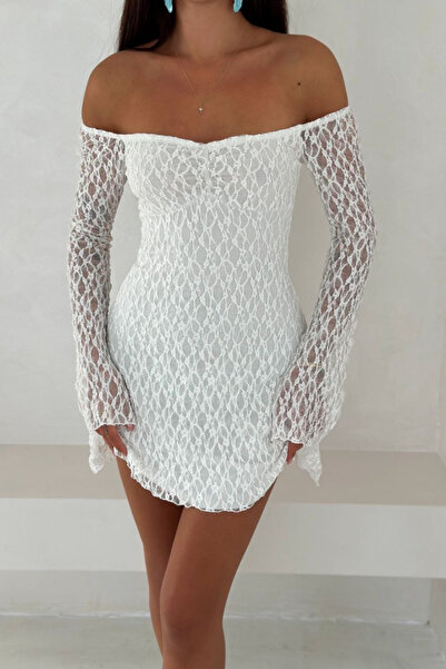 MİROR Women's White Lace Detailed Mini Dress