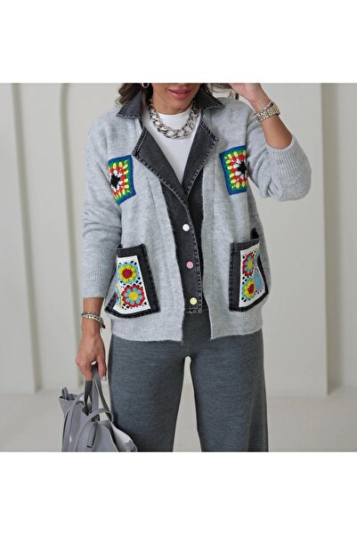 Lavanta Tekstil Gray Cardigan with Embroidered Pockets and Denim Detail