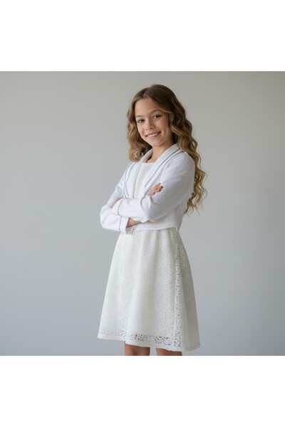 FESSHERA KİDS Girls' Dress with Lace Bolero Jacket Stylish Design Cotton Evening Dress Set