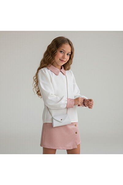 FESSHERA KİDS Girls' Suit Collared Long Sleeve Shirt and Button Detailed Textured Shorts Skirt Two-Piece Set