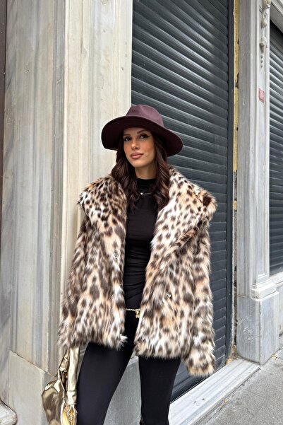 SHILSEE BEUTİQUE Women's Shawl with Leopard Print with Fence Closure Premium K Faux Fur Coat Brown