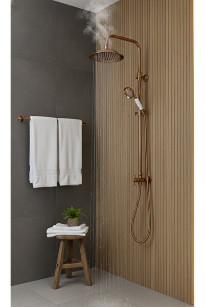 EMFA AKSESUAR Rose Gold Vintage Duş Seti Bakır Duş Seti Tepe Yağmurlamalı Mod...