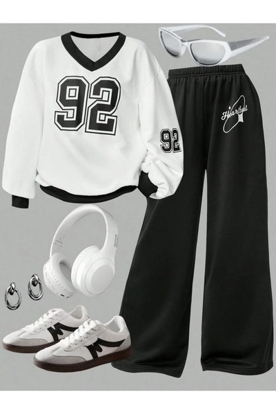 buendiakids Unisex Çocuk V Yaka Siyah Biyeli 92 Baskılı Sweatshirt-Bol Kesim ...