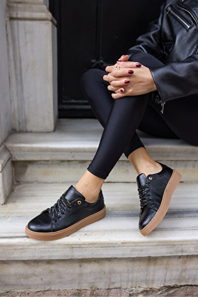 ANGELİNA JONES Raspa Women's Black Genuine Leather Lace-Up Sneakers