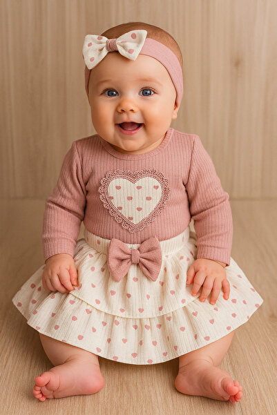 AKİ MODA KİDS Baby Girl Tiny Heart Detailed Skirted Bodysuit Bandana 3-Piece ...