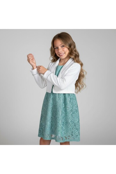 FESSHERA KİDS Girls' Dress with Lace Bolero Jacket Stylish Design Cotton Evening Dress Set