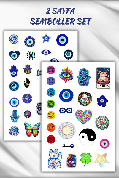birikiyedi 2 Sayfa Semboller,Nazar Boncuğu,Çakralar,Sri yantra Sticker Set/Et...