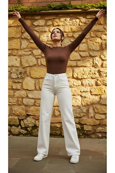 geenz manifacture Γυναικείο τζιν με ψηλόμεσο κορδόνι Dream Cream Φαρδύ τζιν παντελόνι Palazzo