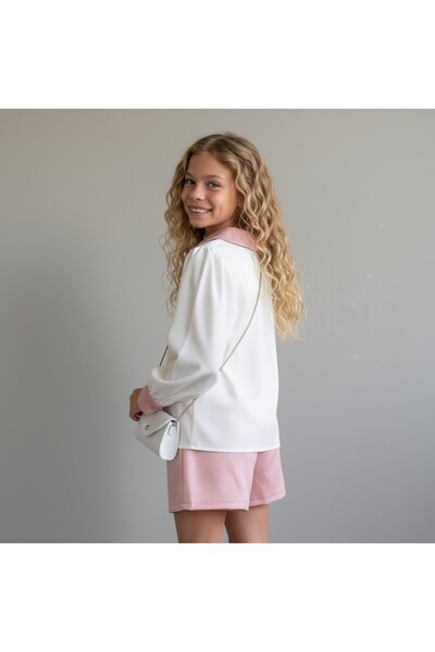 FESSHERA KİDS Girls' Suit Collared Long Sleeve Shirt and Button Detailed Textured Shorts Skirt Two-Piece Set