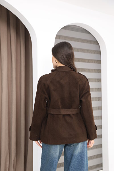 Leo Ferre Brown New Trend Women's Winter Cashmere Mock Neck Front Buttoned Belted Epaulette Coat.