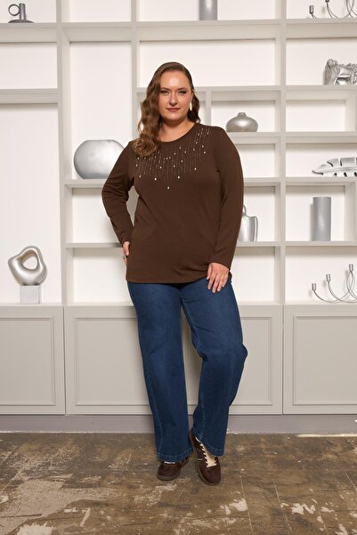 RMG Plus Size Stone Detail Front Blouse Brown