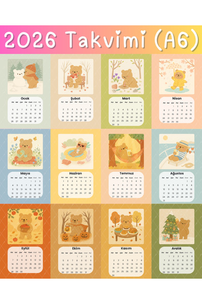 Mimu Art Studio 2026 Ayıcık Temalı Aylık Takvim Sevimli Çizimli ve Estetik Tasarımlı A6 Yıllık Planlama Takvimi