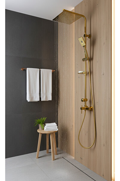 EMFA AKSESUAR Gold Duş Seti ve Gold Banyo Bataryası Pirinç Kare Model Tepe Ya...