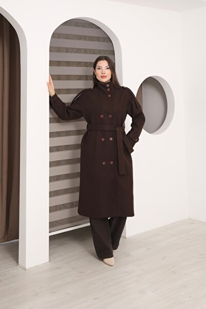 Leo Ferre Brown New Trend Women's Winter Cashmere Mock Neck Front Buttoned Belted Epaulette Overcoat.