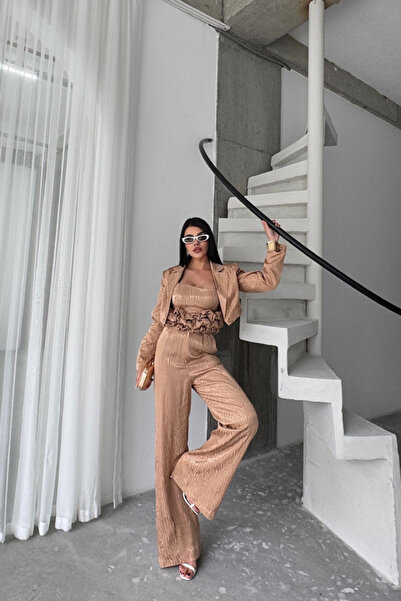 Butik JAKARLI BLUZU TASARIM DETAYLI CEKET-PANTOLON-BLUZ 3 LÜ TAKIM - Bej - M