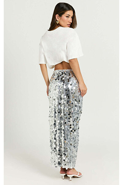 AFR CLOTHES Women's Silver Sequin Lined Maxi Skirt