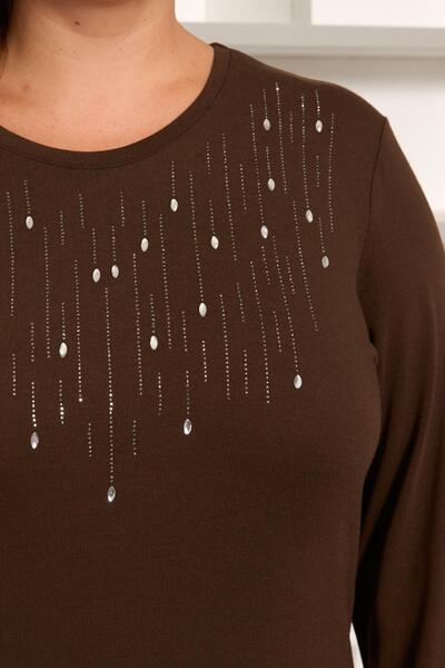 RMG Plus Size Stone Detail Front Blouse Brown